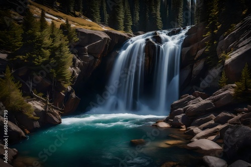 A hidden waterfall cascading over rocky cliffs in the Rockies.