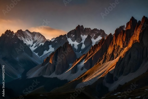 A rugged alpine ridge at dawn, with the first light breaking over the peaks.