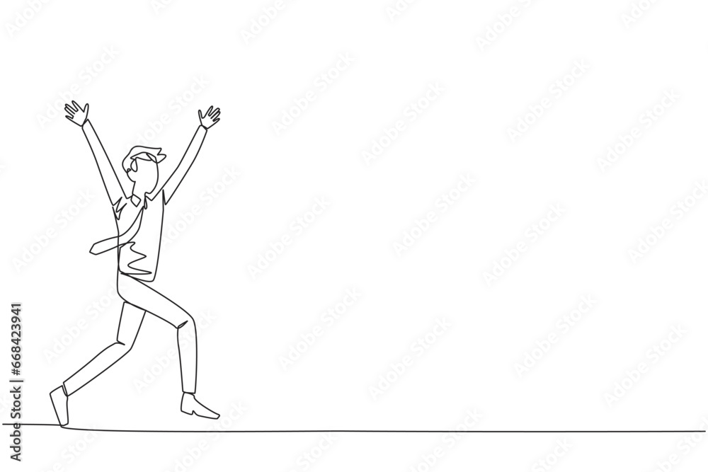 Continuous one line drawing young businessman running to celebrate the success of business. Like a football player who scores goal, he celebrates. Success. Single line draw design vector illustration