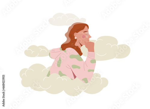 Woman in clouds concept. Young girl dream at sky. Imagination, calmness and fantasy. Psychology and mental health. Cartoon flat vector illustration isolated on white background