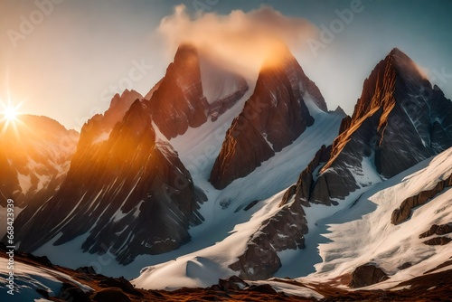 A majestic alpine peak bathed in the warm light of sunrise.