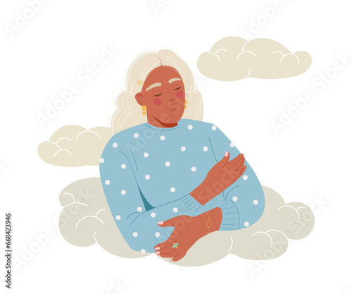 Woman in clouds concept. Young girl dream at sky. Positivity and optimism. Psychology and mental health. Poster or banner for website. Cartoon flat vector illustration isolated on white background