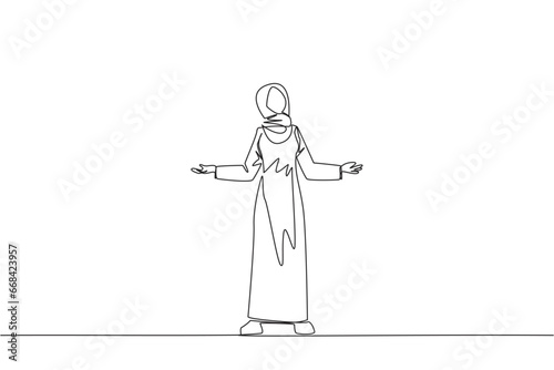 Continuous one line drawing Arab businesswoman standing straight with open arms. Lonely and sadness businesswoman lamenting undeveloped business. Unhappy manager. Single line draw vector illustration