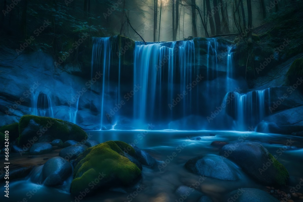 A hidden forest waterfall at dawn, where the world is painted in shades of blue