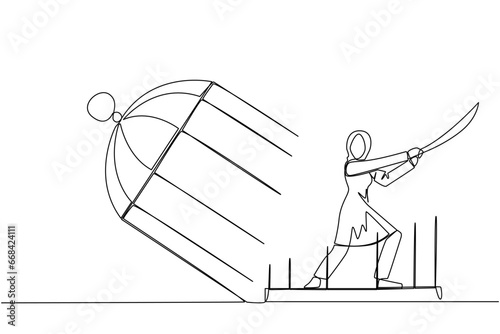 Single continuous line drawing Arab businesswoman trapped in cage holds samurai. Expression of anger over limitations that shackle. Seek freedom at any cost. Madness. One line vector illustration