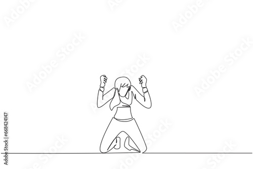 Single one line drawing businesswoman kneeling like praying. Lost hope. Businesses will bankrupt if fail to get bona fide clients. Gesture of surrender. Continuous line design graphic illustration