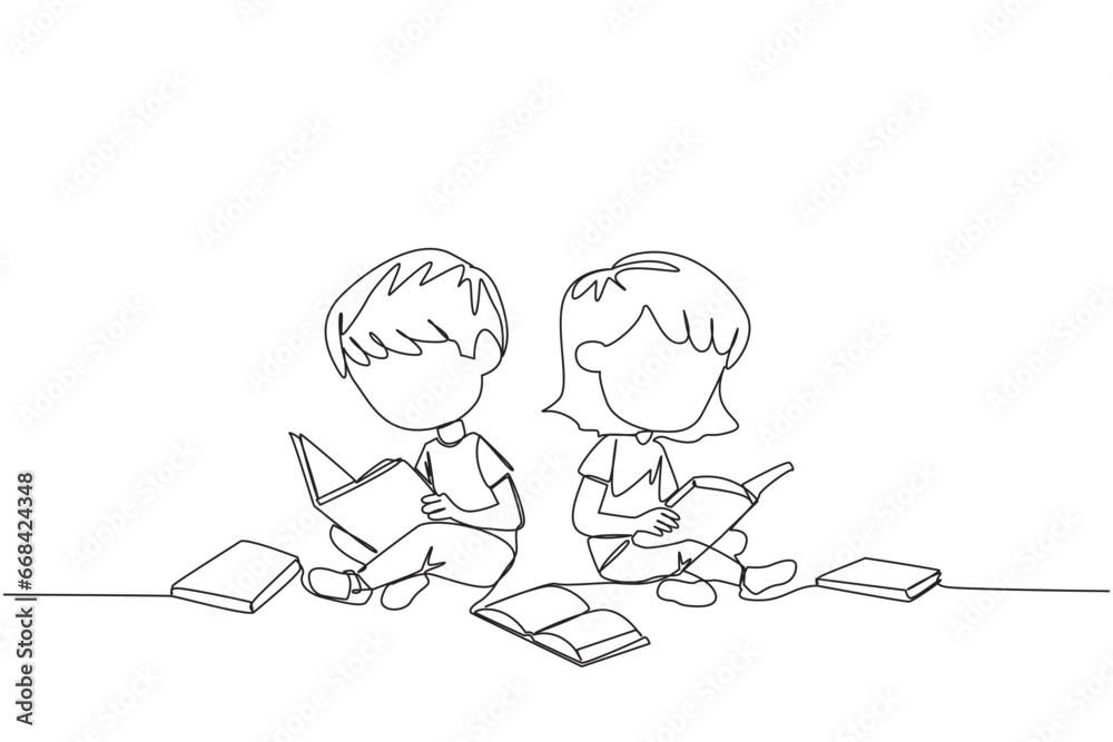 Single continuous line drawing kids sitting relaxed in a library reading a lot of books. Looking for answers to school assignments. Reading hobby. Book festival. One line design vector illustration Single continuous line drawing kids sitting relaxed in a library reading a lot of books. Looking for answers to school assignments. Reading hobby. Book festival. One line design vector illustration