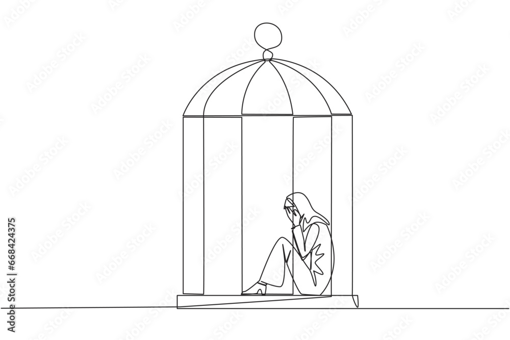 Continuous one line drawing Arab businesswoman trapped in the cage sitting covering face. Feel utterly defeated. Trapped in a dirty business. Mentally tired. Lost. Single line draw vector illustration Continuous one line drawing Arab businesswoman trapped in the cage sitting covering face. Feel utterly defeated. Trapped in a dirty business. Mentally tired. Lost. Single line draw vector illustration