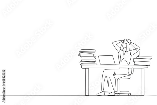 Single continuous line drawing Arab businessman sitting on office chair. Stressful to see stock price on a laptop screen that don't increase. Stressful businessman. One line design vector illustration