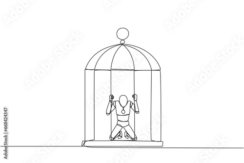 Single continuous line drawing robot trapped in the cage kneeling holding iron bars. Framed by business partner. Have to bear all the consequences. Unfair. AI tech. One line design vector illustration