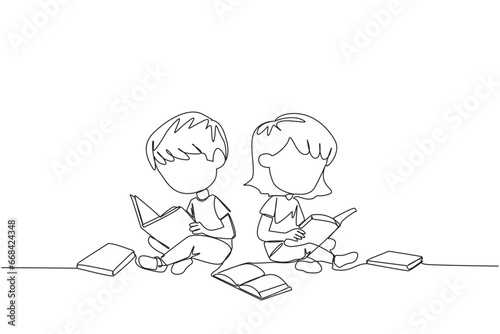 Single continuous line drawing kids sitting relaxed in a library reading a lot of books. Looking for answers to school assignments. Reading hobby. Book festival. One line design vector illustration