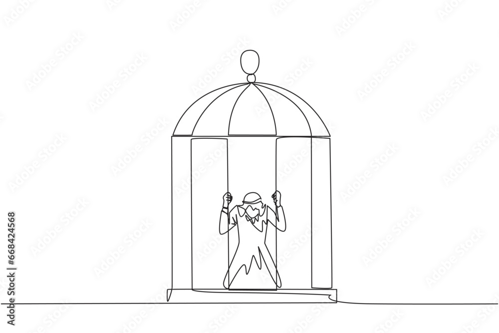 Single one line drawing Arab businessman trapped in cage kneeling holding iron bars. Framed by business partner. Have to bear all the consequences. Unfair. Continuous line design graphic illustration