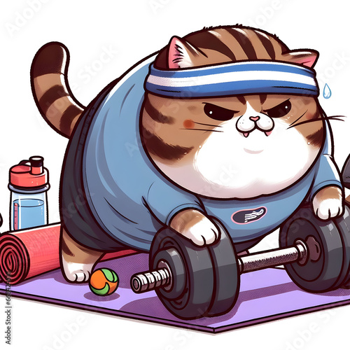 Cartoon Cute Furry Mean Fat Angry Emotion Striped Tiger Mr Cat Kitten Animal Character in Gym Working Out Lift Weights & Diet Water Bottle in a Funny Action Pose. Active, not Lazy Concept, Hissy Fit photo