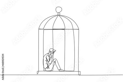 Continuous one line drawing businessman trapped in the cage sitting covering face. Feel utterly defeated. Trapped in a dirty business. Mentally tired. Lost. Single line draw design vector illustration