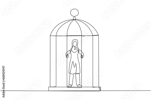 Single continuous line drawing Arabian businesswoman trapped in cage standing hold the iron bars. Imprisoned body and mind. Limited opportunity. Feeling exhausted. One line design vector illustration