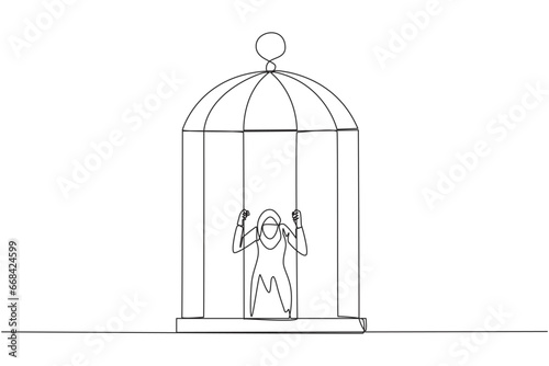 Single continuous line drawing Arab businesswoman trapped in cage kneeling holding iron bars. Framed by business partner. Have to bear all the consequences. Unfair. One line design vector illustration