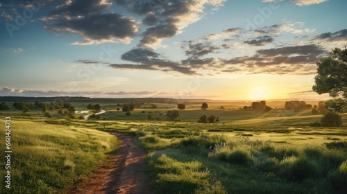 Beautiful morning landscape of the countryside,Beautiful walkway against the grassy hills of the countryside