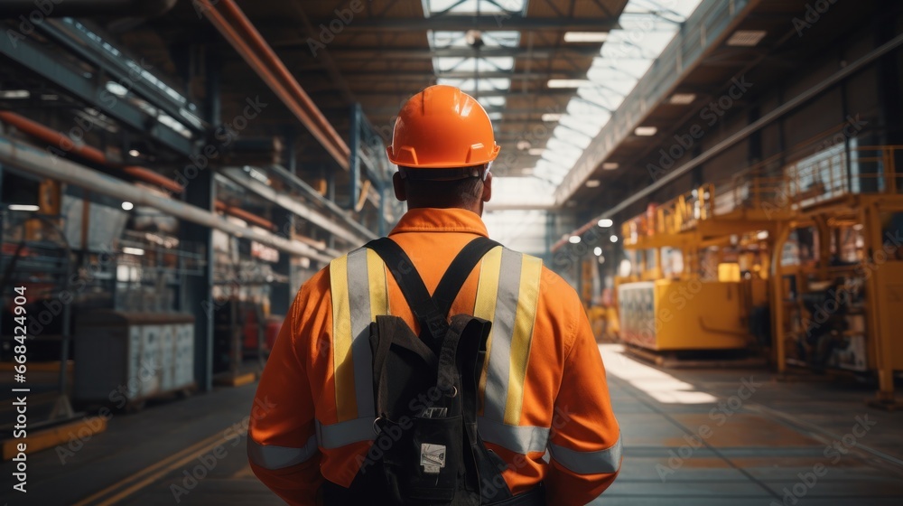 Workers are working in an industrial factory, back of people inside a warehouse Workers are working in an industrial factory, back of people inside a warehouse