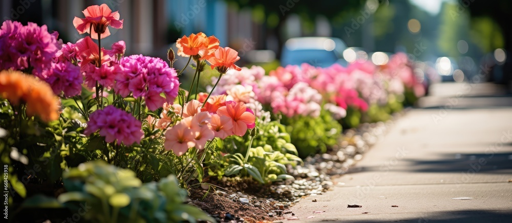 Flower filled city beds enhance streets and promote community involvement and friendly competition for environmental beauty