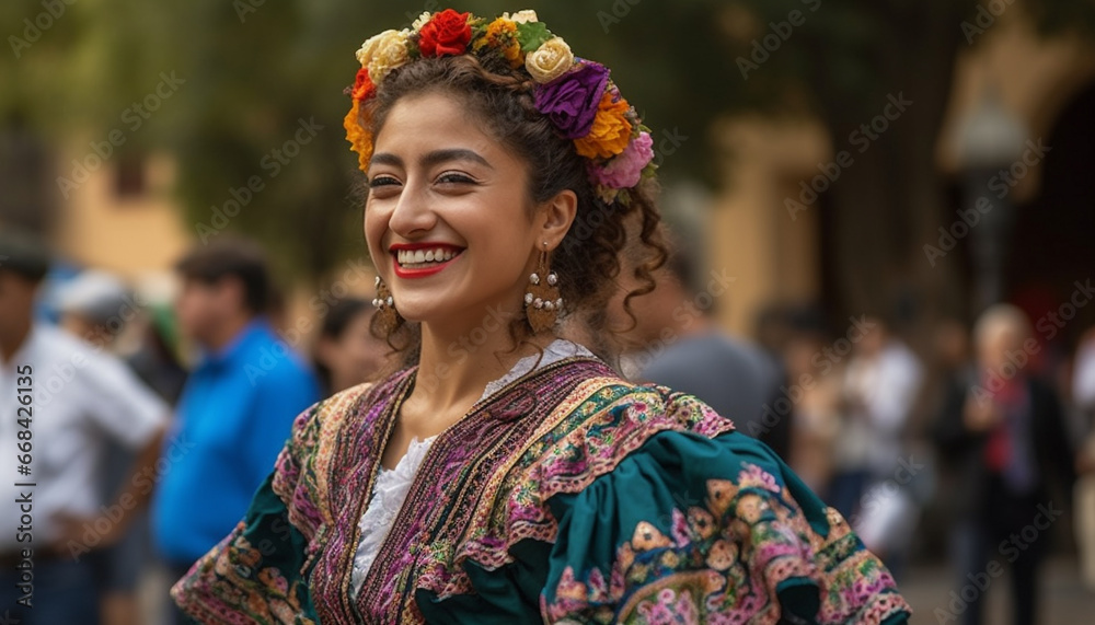 Young women in traditional clothing smiling at camera during parade generated by AI