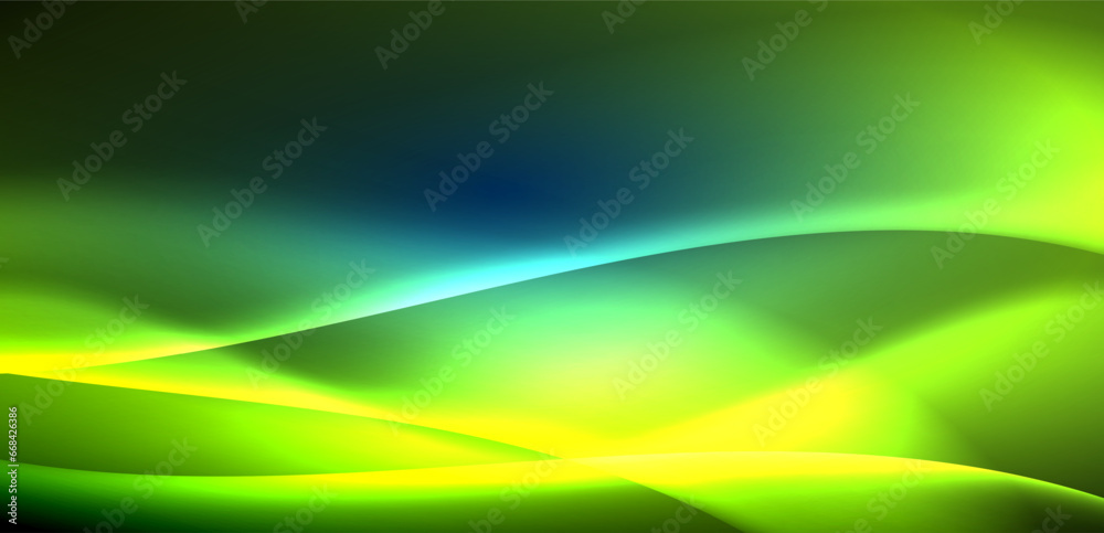 Dynamic waves in ethereal glow of neon lights. Concept merges fluidity of motion with vibrant allure of neon, crafting entrancing backdrop that embodies both vitality and futuristic sophistication Dynamic waves in ethereal glow of neon lights. Concept merges fluidity of motion with vibrant allure of neon, crafting entrancing backdrop that embodies both vitality and futuristic sophistication