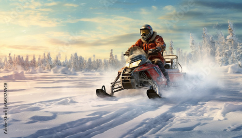 Men riding motorcycles in a snowy mountain landscape, extreme sports generated by AI