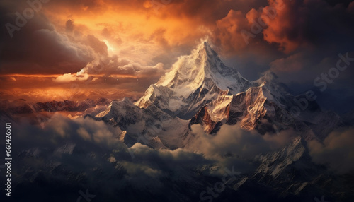 Majestic mountain peak, snow capped, sky painted with dramatic sunset generated by AI