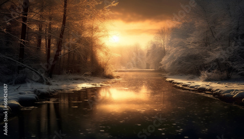 Tranquil scene winter beauty reflected in nature serene pond generated by AI