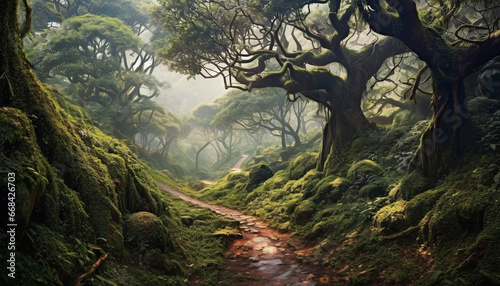 Mysterious fog blankets ancient forest  revealing nature hidden beauty generated by AI