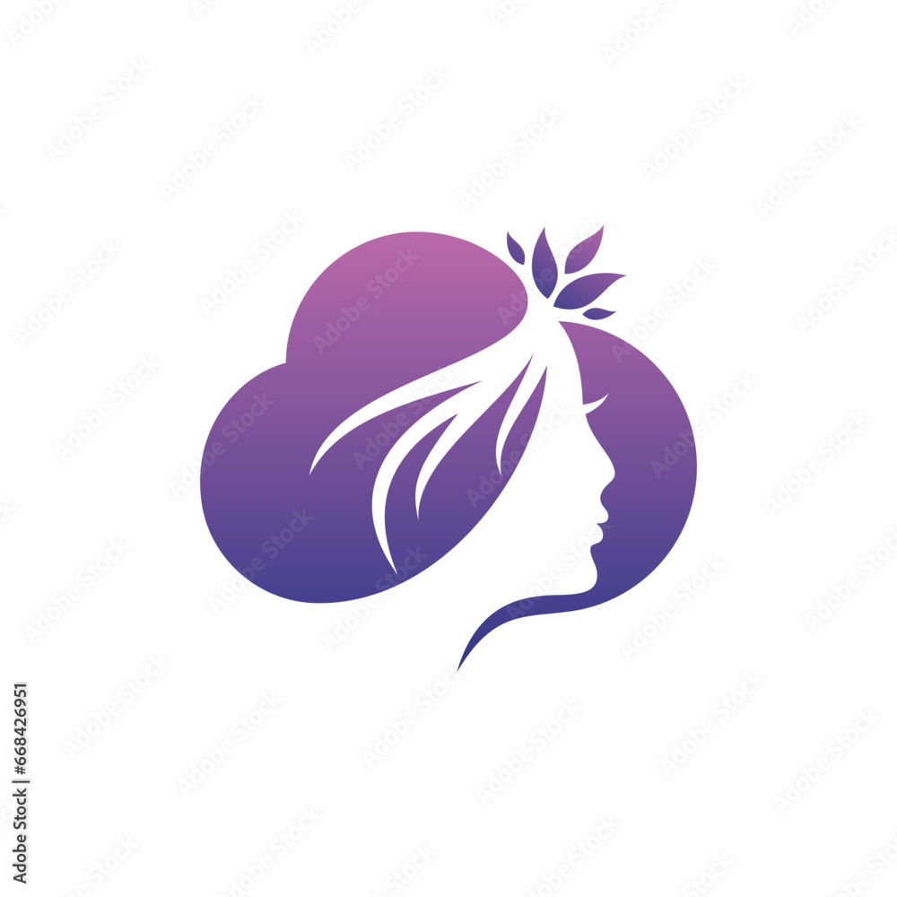 Face women silhouette on cloud with leaf design template