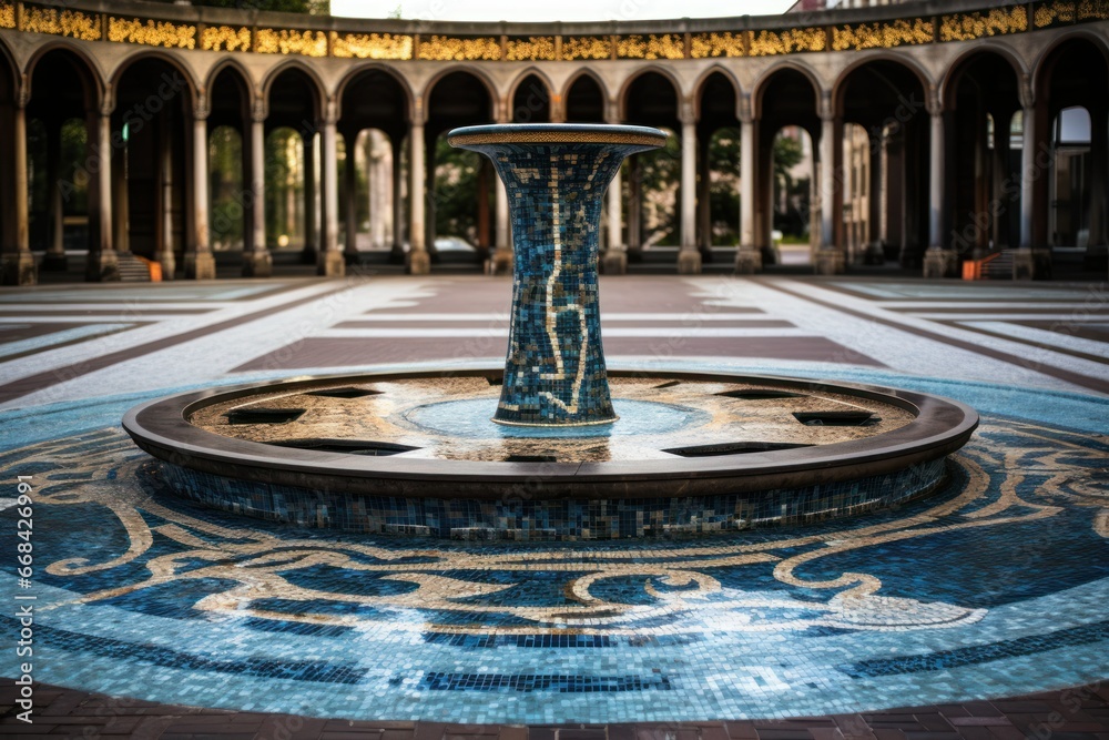 Intricate urban mosaic adorning a public square's fountain.
