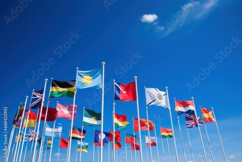 International flags waving against a blue sky.