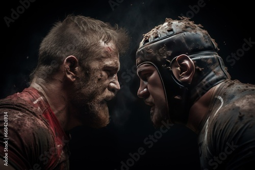 Intense faceoff between two opposing rugby players.