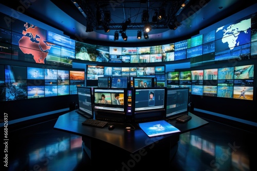 International news broadcast on multiple screens.
