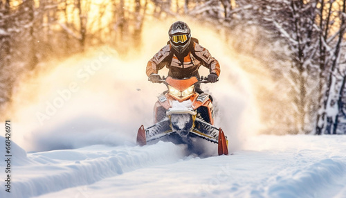 Men riding motorcycles in a winter motocross race in the forest generated by AI