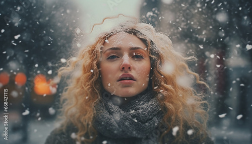 Young woman enjoying the beauty of nature in winter outdoors generated by AI