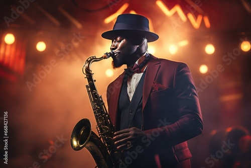 Jazz musician lost in the rhythm playing a saxophone in a dim club.