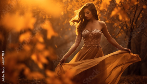 Young woman in a yellow dress enjoys nature beauty generated by AI