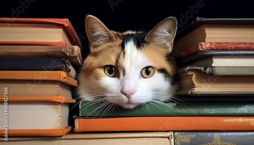 Cute kitten reading book, learning wisdom from ancient literature generated by AI