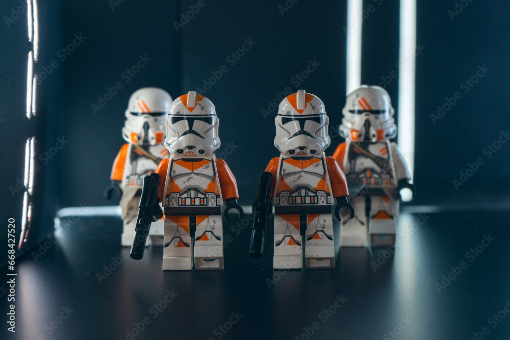 Fototapeta premium Depok, Indonesia - October 26, 2023: Lego toys photography, 212th clone troopers on star destroyer hallway
