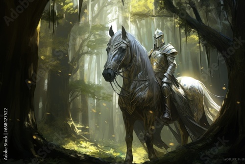 Knight in shining armor, standing in a mystical forest with a majestic steed. photo