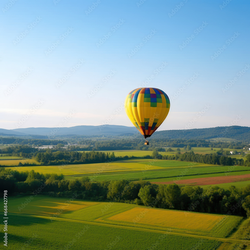 A hot air balloon soaring over a green field stock 
