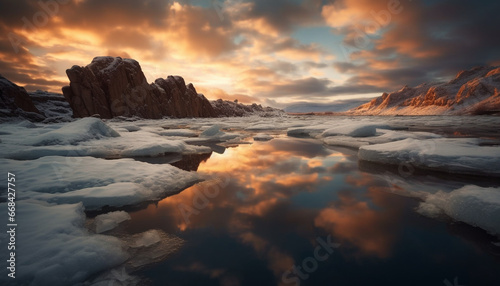 Majestic mountain peak reflects tranquil sunset on icy water generated by AI
