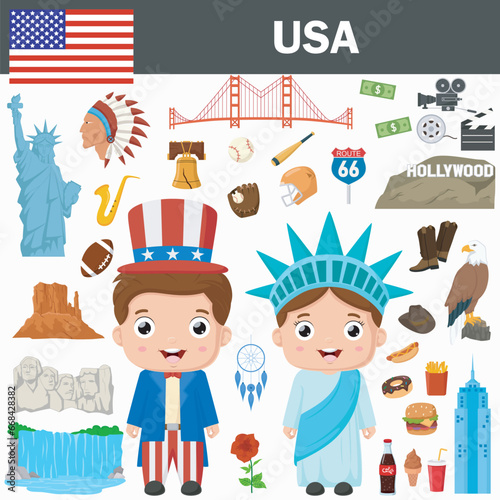 Set of USA famous landmarks