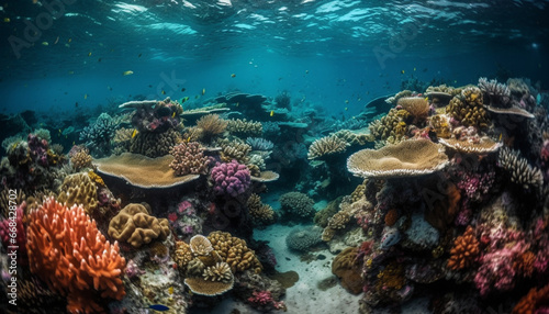 Multi colored fish swim in the beautiful underwater Caribbean reef landscape generated by AI © Stockgiu