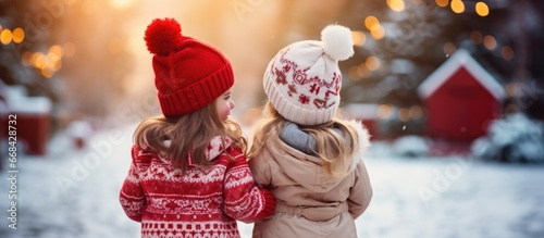 Two happy girls in Christmas attire hugging and making a thumbs up gesture isolated on a red background