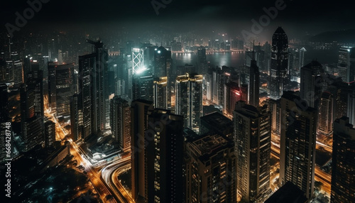 Nighttime cityscape of modern skyscrapers in financial district, illuminated traffic generated by AI