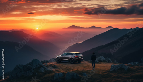 Men driving car on dirt road through mountain range at dusk generated by AI