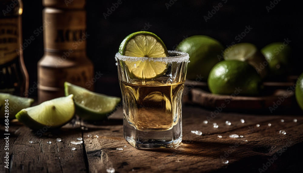 Rustic tequila cocktail with lime slice on wooden bar table generated by AI Rustic tequila cocktail with lime slice on wooden bar table generated by AI
