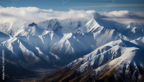 Snowcapped mountain peak in panoramic landscape, a tranquil winter adventure generated by AI